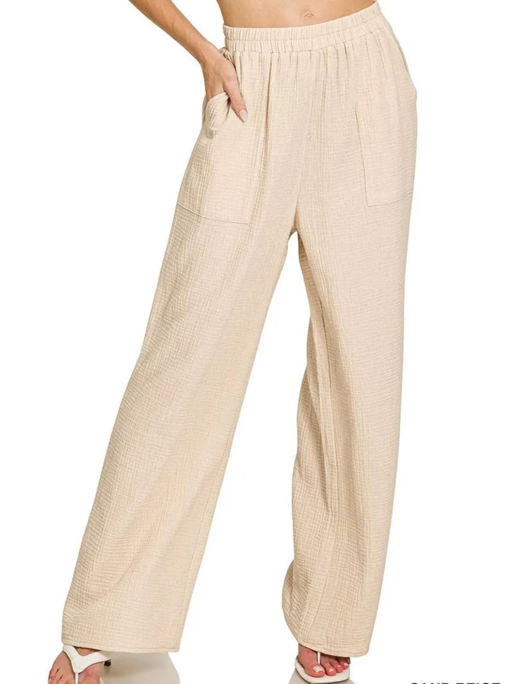 NEW🤍Zenana Washed Double Gauze Elastic Band Waist Pants Sand Beige Small